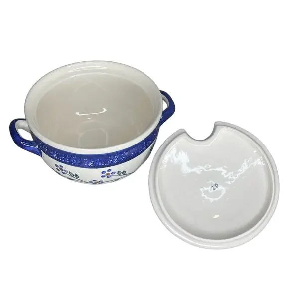 VTG Wiza Poland COVERED DISH Sugar Bowl Gravy Mini Crock Handles Polish Pottery - Picture 4 of 6